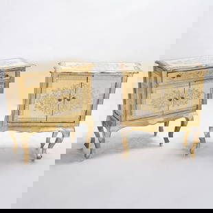 Pair Of Italian Louis Xvi Style Gilt Decorated: Pair of Fomerz Italian Baroque Style Gilt Decorated Diminutive Cabinets. One with two drawer cabinet, the other swth a single drawer over a two door cabinet; both with cream and gilt painted finish. F