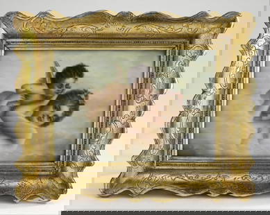 Early 20Th C Hand Painted Porcelain Plaque: Hand Painted Porcelain Plaque, Early 20Th Century, Depicting Cupid And Venus Amidst Clouds, Indistinctly Signed Lower Right, In A Gold Frame, 4.5"H X 6.5"W; Overall Size With Frame 7.5"H X 9.5"W X 2"D