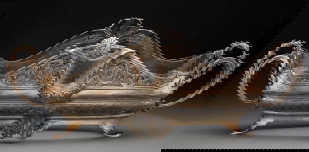 German Silver-Plated Metal Centerpiece With Glas: German Silver-Plated Metal Centerpiece with Glass Insert, circa 1905 Marks: ORFEBRERIA ANEZIN, 38, (eagle) 9-3/8 x 24-1/2 x 9 inches (23.8 x 62.2 x 22.9 cm)