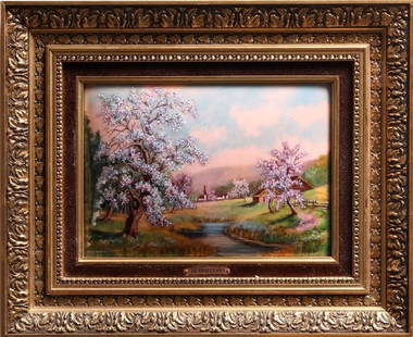 Jean Loup Enamel Plaque "Spring": Jean Paul Loup Limoges Enamel On Copper Plaque "Le Printemps". Signed And Numbered. Plaques Measure 7-1/2" X 10-1/2" (Sight) , Frames Measure 14-1/8" X " X 17-1/4". Condition Good Condition. Vitreous