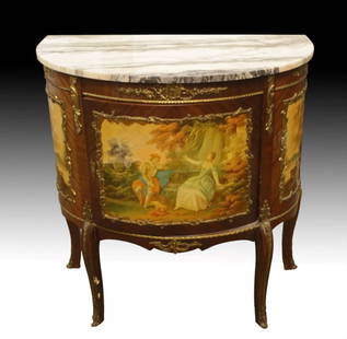 Louis Xv Style Painted And Mahogany Marble Top Commode: Louis Xv Style Painted And Mahogany Marble Top Commode. Measures 30 1/4" X 29" X 15"