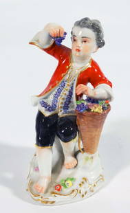 Meissen Signed Porcelain Figure With Red Coat: 5" H Meissen porcelain or Meissen china was the first European hard-paste porcelain. Early experiments were done in 1708 by Ehrenfried Walther von Tschirnhaus. After his death that October, Johann Fri
