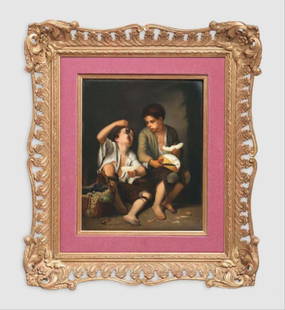 Kpm Porcelain Plaque Depicting Boys Eating Fruit,: Kpm Porcelain Plaque Depicting Boys Eating Fruit, Germany, Late 19Th/Early 20Th Century, After Bartolome Esteban Murillo, Rectangular Shape With Polychrome Enamel Decorated Depiction Of Two Boys
