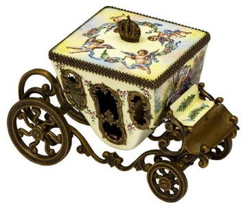 Austrian Enamel & Gilt Metal Miniature Carriage: Austrian Enamel And Gilt Metal Miniature Carriage, Top With Winged Putti Holding Ribbon Garlands, Stamped Austria At Front Footboard, Approx 4"H, 5.25"W, 2.25"D, 0.75Lbs Start Price: $100.00 Vitreous