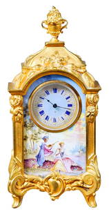 Royal Vienna Style Gilt Porcelain Clock Courtship Scene: 5" H 2.5" W 1.5" D