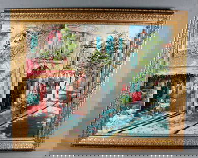 Antique Painting On Canvas Of French Street Scene,: Measures 27 1/2" X 33 1/2" , Canvas Measures 22" X 28" Antique Painting On Canvas Of French Street Scene, Description Oil On Canvas Laid On Masonite, Faint Illegible Signature At Lower Right,