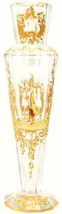 Vase, Clear Art Glass Attributed To Lobmeyr: Vase, Clear Art Glass Attributed To Lobmeyr, 16", Panel Design, Finely Detailed Scene Of Classically Dressed Man With Heavy Enamel And Gold Stencil Highlights, Very Nice Quality, Nebraska Collection