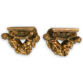 (2 Pc) Gilt Wood Cherub Brackets