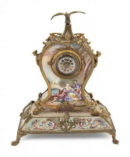 7" Antique 19th Cent. Austrian Vienna Viennese Enamel Gilt Ormolu Bronze Clock: 7" Antique 19th Cent. Austrian Vienna Viennese Enamel Gilt Ormolu Bronze Clock A 19th-century Viennese bronze and enamel clock A timepiece with bronze and enamel mount, decorated with a frontal amorou