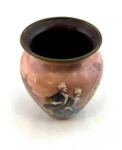19th C. Austrian Vienna Viennese Enameled Vase: 19th C. Austrian Vienna Viennese Enameled Vase Viennese enameled on a copper miniature vase with a picture of a Continental couple 4 1/2" tall CONDITION: Good with no issues