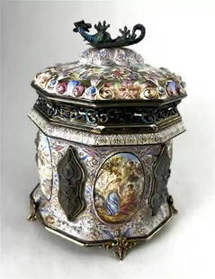 Rare 19th C. Austrian Vienna Viennese Enameled Humidor Box: Rare 19th C. Austrian Vienna Viennese Enameled Humidor Box Rare Viennese Humidor with Mythological medallions and all-over polychrome flowers, decorated interior and bottom with Romanesque scenes and