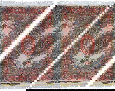 Pair of Antique 20th C. Handmade Persian Tabriz Area Rugs: Pair of antique 20th C. handmade Persian Tabriz area rugsEach signed "Azerbaijani" in the cartouche Each wool and silk on cotton foundation Polychrome floral motifs and a central medallion Two pieces