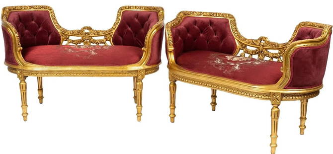 Pair of French Louis XVI style Hand Carved Gold GiltwoodLuxury Salon Benches: Pair of French Louis XVI style Hand Carved Gold GiltwoodLuxury Salon Bencheswith red floral upholstery Measurment: 43 inches wide; 18 inches deep; 28 inches high; seat height: 17 1/2 inches