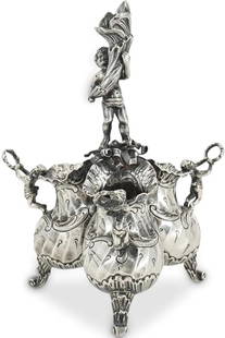 19th C. German Sterling Silver Figural Salt Cellar: 19th Century German Sterling Silver Figural Salt CellarAn Early-Mid 19th Century Sterling Silver Trio Salt Cellar features at the center a child raising a cornucopia standing atop ribbon decorations,