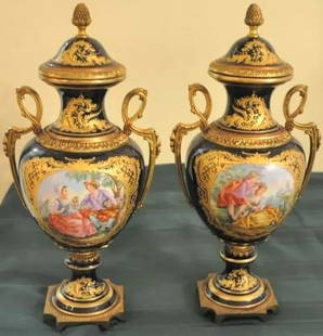 Pair of 19th Century French Sevres Style Hand Painted Porcelain and Bronze Covered Urns: Pair of 19th Century French Sevres Style Hand Painted Porcelain and Bronze Covered Urns