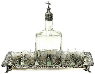 JD Schleissner & Sohne Hanau Germany Sterling Silver liqueur set for 8: JD Schleissner & Sohne Hanau Germany Sterling Silver J.D. Schleissner & Sohne, Hanau Germany sterling silver, mounted etched glass liqueur set for 8, circa 1910 The set includes a decanter, eight moun