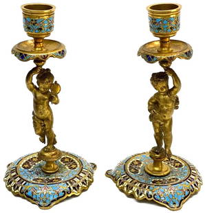 19th Century Pair French Champleve Enamel Bronze Candlesticks: A Pair of Antique French Champleve Enamel Bronze Candlesticks 19th Century A nice pair of finely chased gilt bronze candlesticks with Champleve details The very romantic candlesticks with charming put