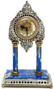 8.25" Antique Austrian Vienna Viennese Enameled 800 Silver with Jewels Lapis Lazuli Desk Clock: 8.25" Antique Austrian Vienna Viennese Enameled 800 Silver with Jewels Lapis Lazuli Desk Clock Austrian silver, gilt silver, and patinated silver jewel encrusted lapis lazuli veneer mantel clock, late