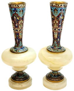 Antique Circa 1890 French Champleve Enamel Gilt Bronze White Onyx Footed Vases: Antique Circa 1890 French Champleve Enamel Gilt Bronze White Onyx Footed VasesPair French champleve and white onyx gilt bronze footed vasescirca 1900 Multi-colored champleve enamel designs to the