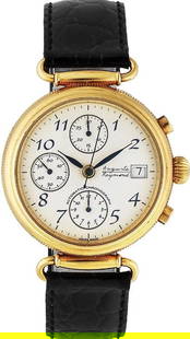 Auguste Reymond. 18K Gold Automatic Calendar Chronograph Wristwatch: Auguste Reymond. An 18K Gold Automatic Calendar Chronograph Wristwatch Reference: M-212D 751-54 Date: Purchased June 2006 Movement: 25-jewel Cal.7750 automatic Dial: Silvered, blue Arabic numerals, bl