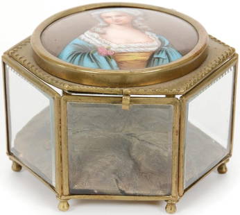 Jewel Box, Hand Painted Portrait Medallion Lid: Jewel Box, Hand Painted Portrait Medallion LidJewel Box, Hand Painted Portrait Medallion Lid, 2.75” x 4", Six-Sided Beveled Glass Base With Pillow Interior. Portrait Medallion Is Inset In Lid.