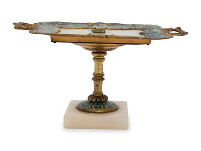 A Large 19th Century Antique French Gilt Bronze Champleve Enamel Alabaster Serving Card Tray: A Large 19th Century Antique French Gilt Bronze Champleve Enamel Alabaster Serving Card TrayA French Gilt Bronze, Champleve, and Alabaster Card Tray19th CenturyDimension: Height 6 x width 11 x depth