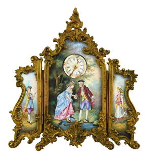 19th C. Viennese Enameled Austria Vienna Three Panel Gilt Bronze Screen with Clock: 19th C. Viennese Enameled Austria Vienna Three Panel Gilt Bronze Screen with ClockAntique Viennese Enamel Gilt Bronze Table Top Miniature ClockIt is in the shape of a dressing screen and Hand Painted