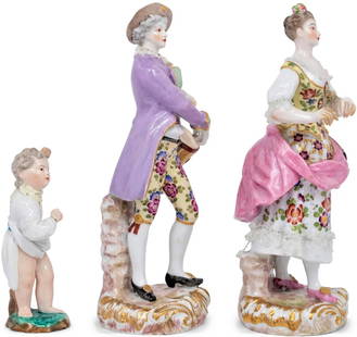 Large 8 1/2" Pair of Meissen Porcelain Figures and a German Porcelain Figure: Large 8 1/2" Pair of Meissen Porcelain Figures and a German Porcelain FigureA Pair of Meissen Porcelain Figures and a German Porcelain FigureThe height of taller figures is 8 1/2 inchesThe shorter
