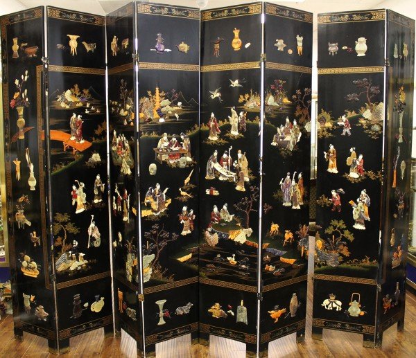 10 FT. LONG MAGNIFICENT ANTIQUE CHINESE 8 PANEL SCREEN: 10 FT. LONG MAGNIFICENT ANTIQUE CHINESE 8 PANEL SCREEN IVORY, JADE, AND SEMI PRECIOUS STONES