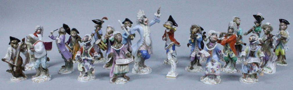 ANTIQUE MEISSEN MONKEY BAND CONSISTING OF 22 PCS.: ANTIQUE MEISSEN MONKEY BAND CONSISTING OF 22 PCS. MEASURES UP TO H: 7 1/2". NO INTERNATIONAL SHIPPING ON IVORY