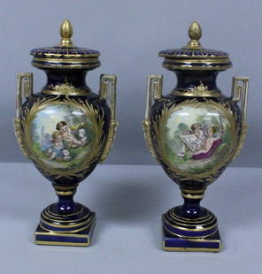 PAIR OF 19TH C. SEVRES STYLE VASES: PAIR OF 19TH C. SEVRES STYLE VASES. MEASURES H: 8 3/4". NO INTERNATIONAL SHIPPING ON IVORY