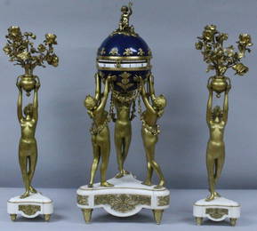 19TH C. ORMOLU AND WHITE MARBLE ENAMELLED 3 GRACES CLOC