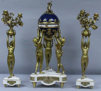 19TH C. ORMOLU AND WHITE MARBLE ENAMELLED 3 GRACES CLOC