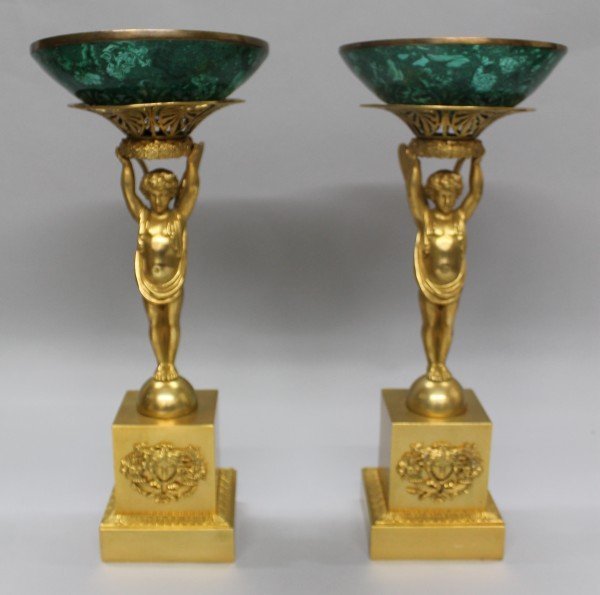 Bronze Stands w/ Malachite Bronze Bowl: Bronze Stands w/ Malachite Bronze Bowl. Measures H: 16". NO INTERNATIONAL SHIPPING ON IVORY