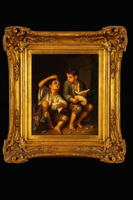 Large Antique KPM Berlin Painted Porcelain Plaque Children Eating Grapes and Melon H 11.5'' W 9.5''
