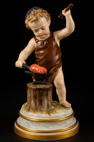 19th Century Meissen Porcelain Figurine of Putti Cupid Cherub Blacksmith With Heart on Anvil