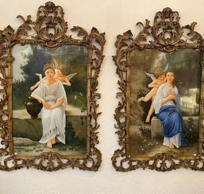 Large Pair Of Hand Painted Porcelain Plaques In Bronze