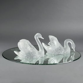 Pair of Lalique Frosted Crystal Swans and Miroir Cygnes Centerpiece