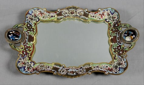 19Th C. French Champleve Mirrored Table Tray