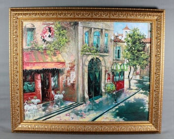 Antique Painting On Canvas Of French Street Scene,