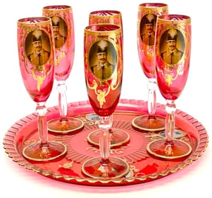 9 Antique bohemian Moser Gilt Cranberry Red Champagne Goblets & Tray