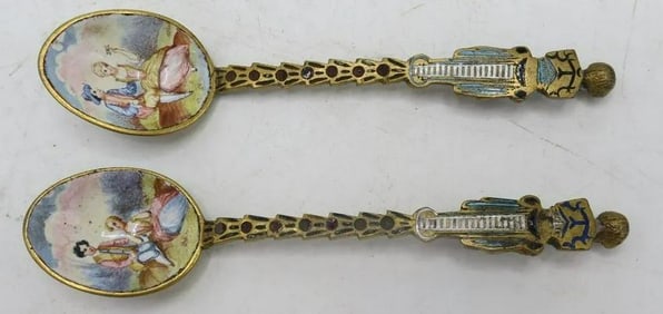 Fine Antique Pair of Austria Viennese Silver & Enamel Spoons Painted on Both Sides