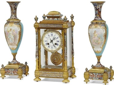 Antique 1889 Samuel Marti & Cie French Bronze and Porcelain three-piece Clock Garniture