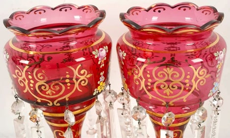 Antique Pair of Bohemian Cranberry Glass Girandoles