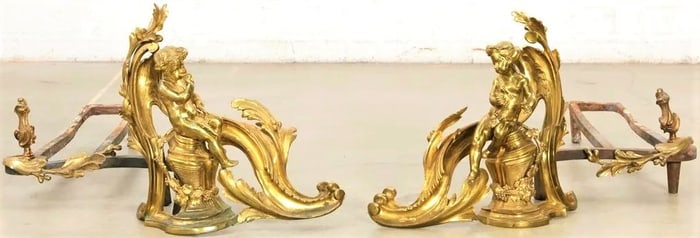 Pair of Antique 19th C. French Louis XV Style Gilt Bronze Putto Figural Fireplace Chenets