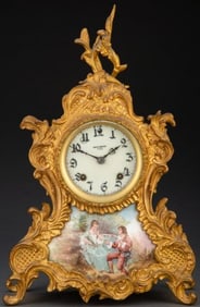 Large Antique New Haven Circa 1900 Louis XV-Style Gilt Metal and Enamel Clock
