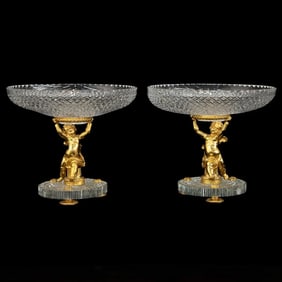 Wonderful Pair Dore Bronze Cherubs Putti Scalloped Crystal Compotes Centerpieces