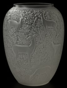 Lalique France Frosted Crystal BICHES Deer Forest 6.5" Vase