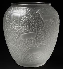 Lalique France Frosted Crystal BICHES Deer Forest 7" Vase