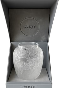 Lalique France Frosted Crystal BICHES Deer Forest 7" Vase Include Box